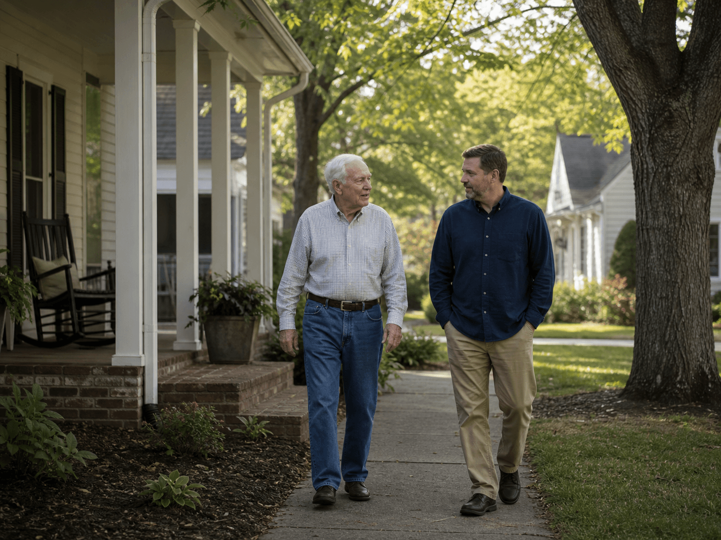 An older adult and caregiver talking during a neighborhood walk