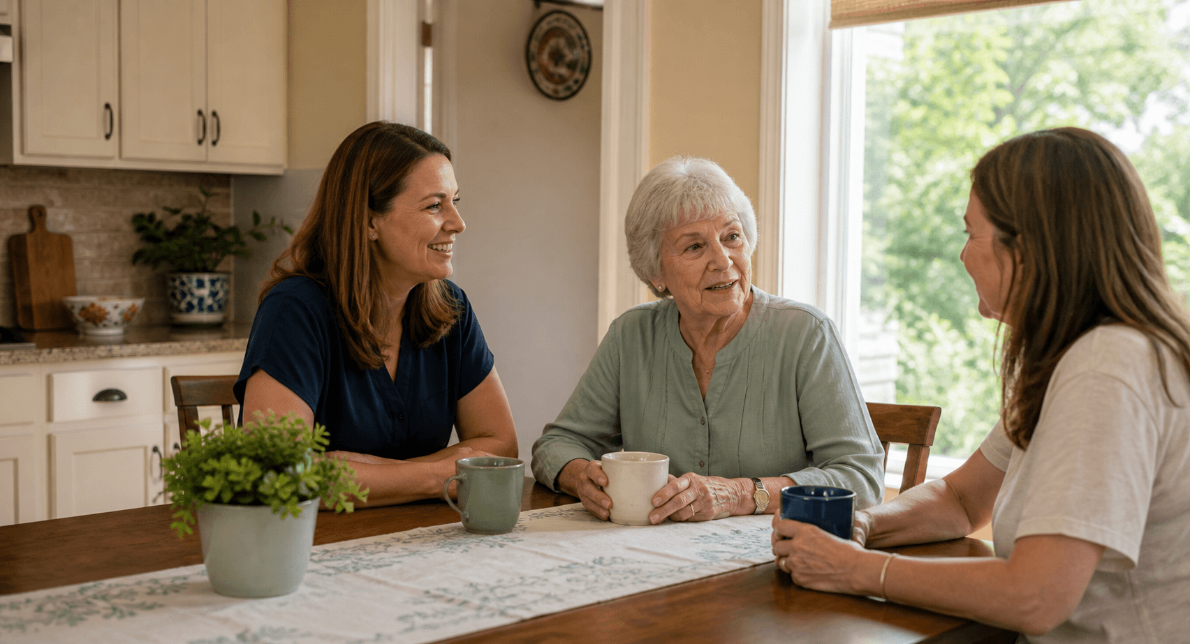 A family and caregiver discussing a possible care arrangement together