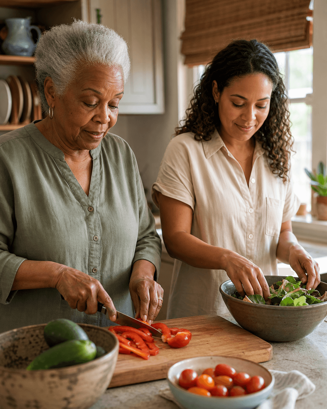 An older woman and caregiver sharing a familiar kitchen routine